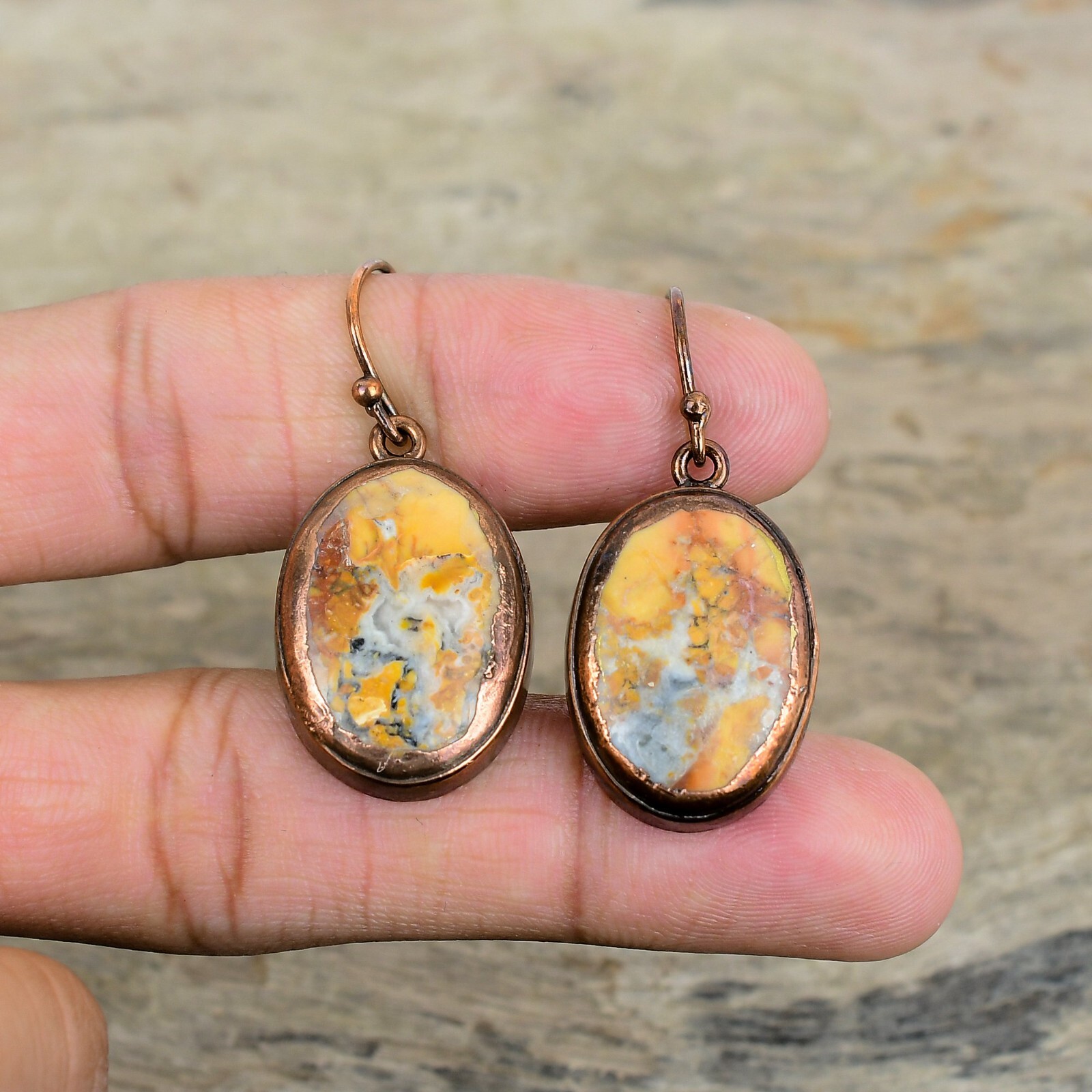 Copper Maligano Jasper Gemstone Electroformed Art Deco Dangling Earrings Jewelry