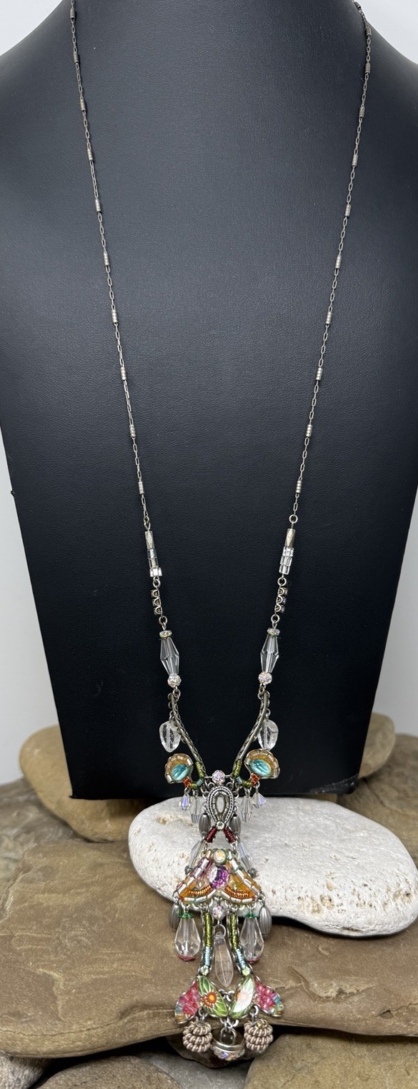 Gorgeous VTG Israeli Ayala Bar Artisan Boho Ornate Glass Beaded Dangly Necklace