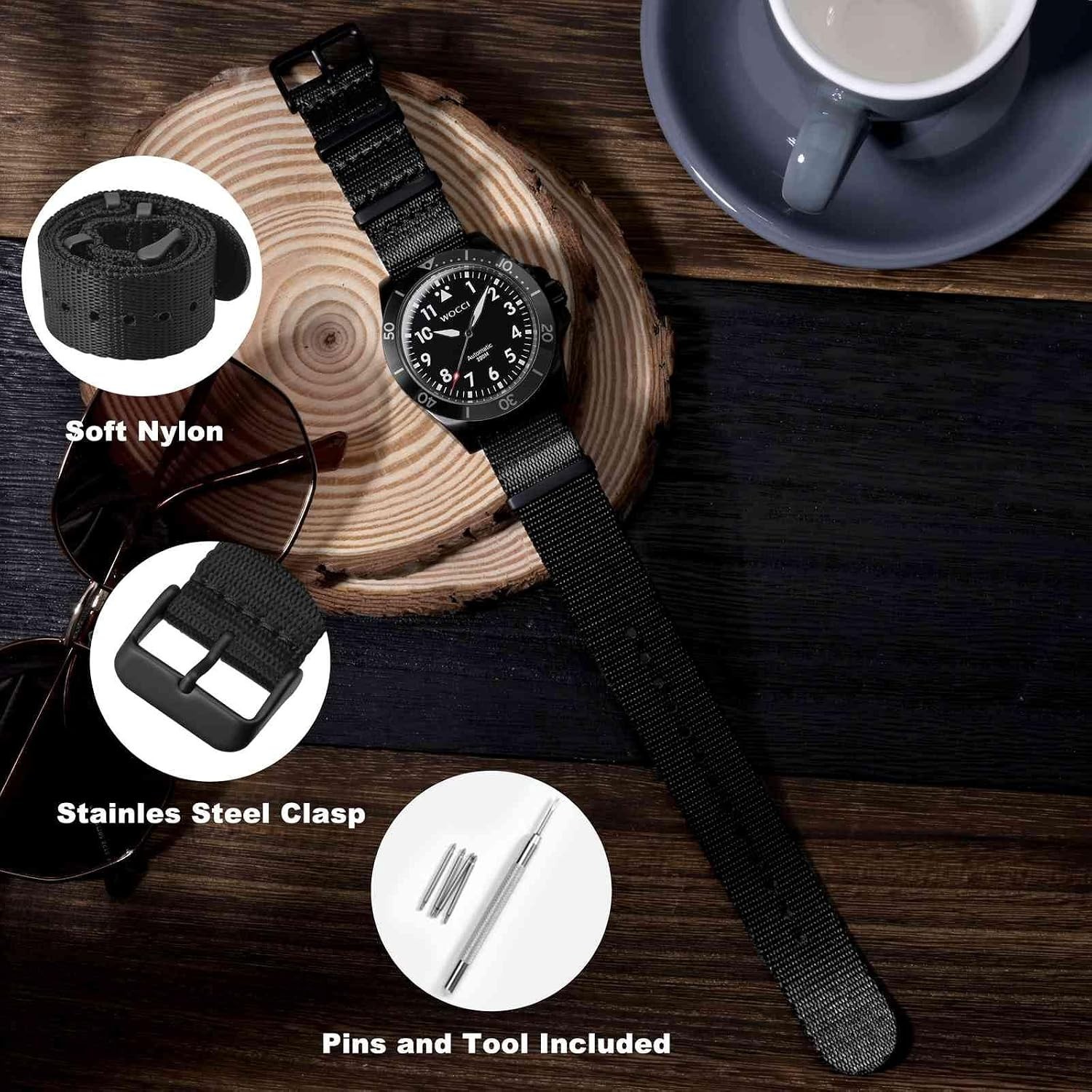 22mm Military Nylon Watch Band – Stylish Black Strap with Stainless Steel Buckle