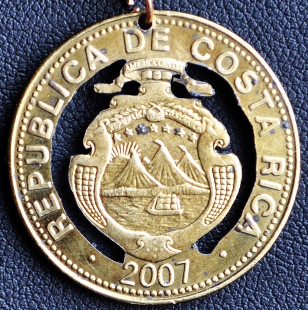 COSTA RICA COAT OF ARMS CUT COIN PENDANT NECKLACE