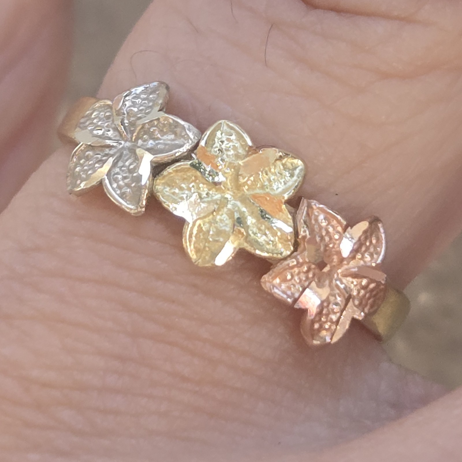Solid 14k rose yellow White Gold flower Hibiscus ring