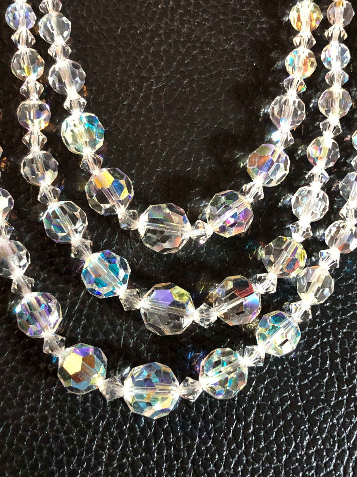Vintage AB Crystal Bead Multi 3 Strand Necklace Earrings Bracelet Set SILVER6138