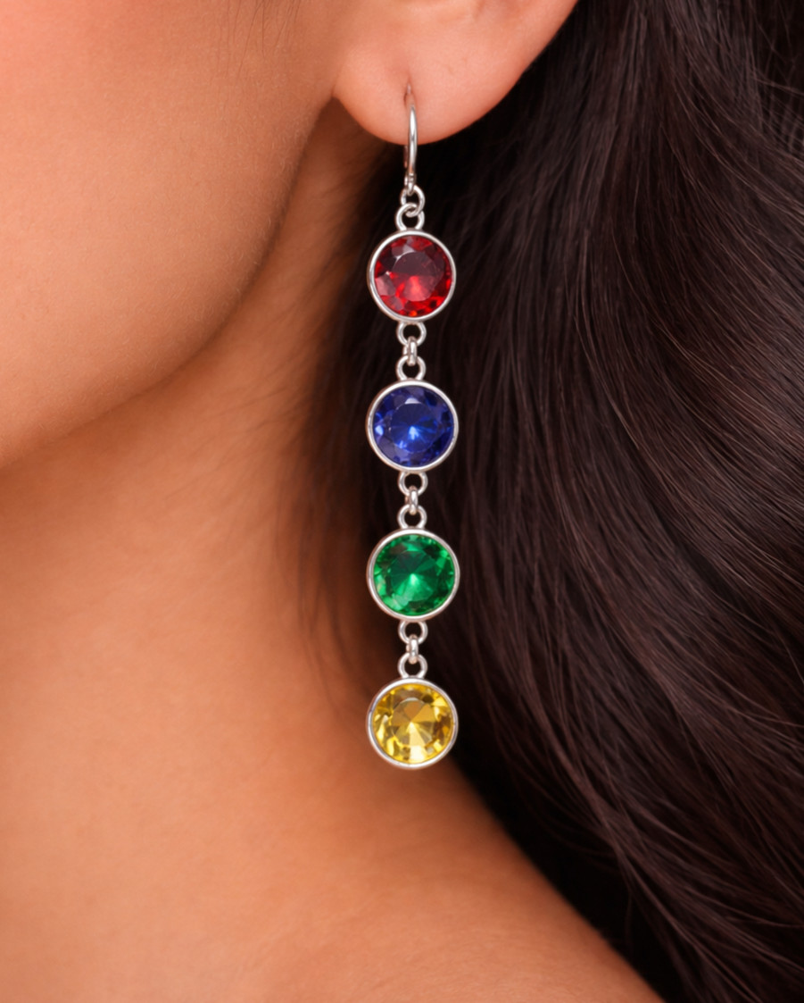 925 Sterling Silver Multicolor Gemstone Drop Dangle Earrings Round Cut CZ stones