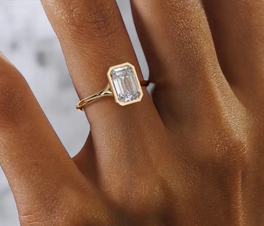 2.0CTW IGI Certified Emerald Cut Lab Grown Bezel Set Split Shank 14k Gold Ring
