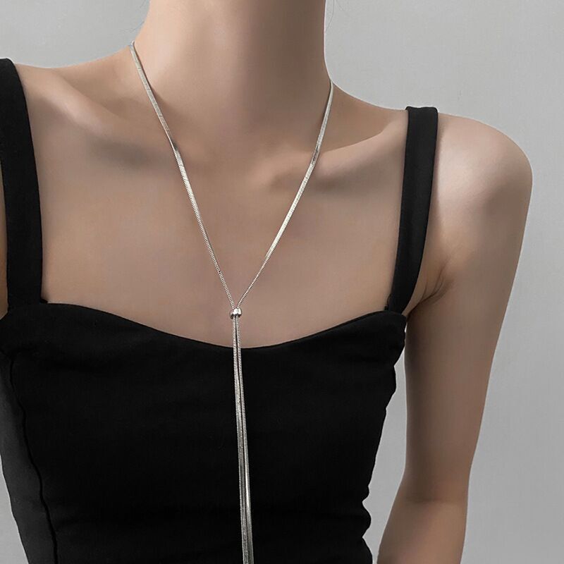 Women 18k Gold Plated Herringbone Chain Snake Necklace Tie Beaded Slide Tassel