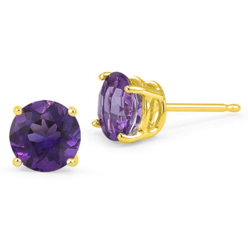 14K SOLID YELLOW GOLD FEBRUARY AMETHYST ROUND CUT STUD EARRINGS PUSH BACK
