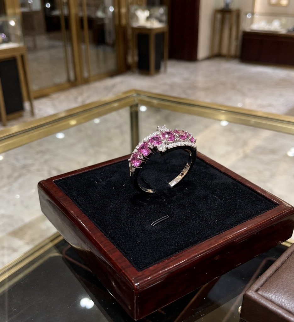 Round Natural Pink Sapphire & Diamond Birthday Band 14K White Gold( Import Free)