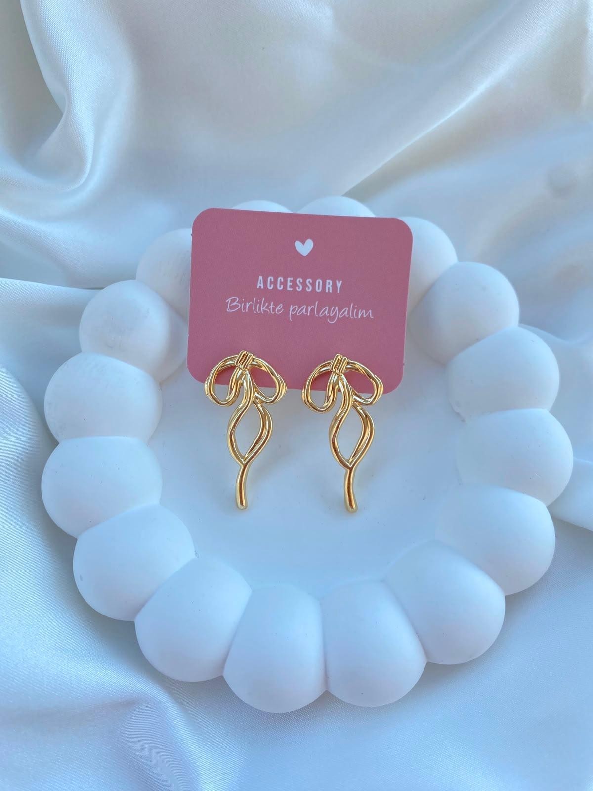 Handmade Gold Bow Earrings Women Wire Ribbon Stud Dangle Minimalist Trendy