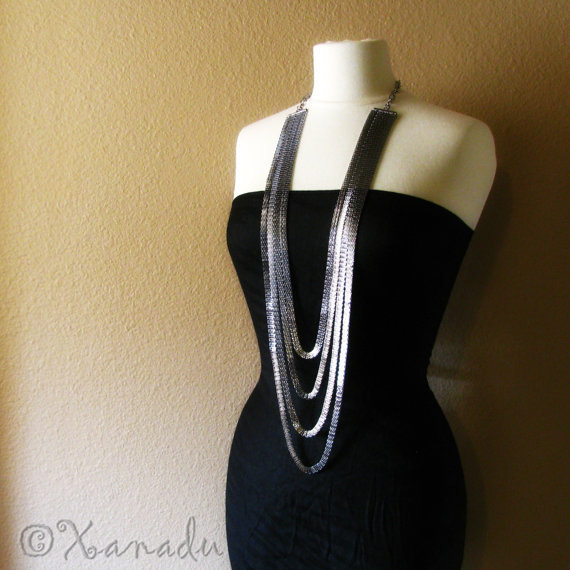 Gunmetal Statement Necklace – Four Strand Liquid Metal Fashion Necklace