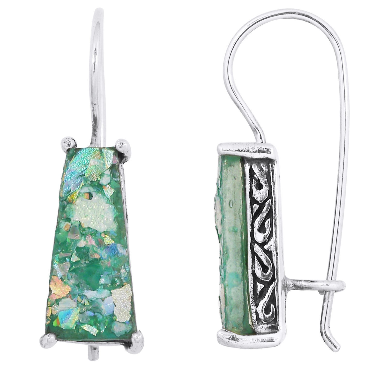 Sterling Silver Ancient Roman Glass Drop French Hook Earrings for Women