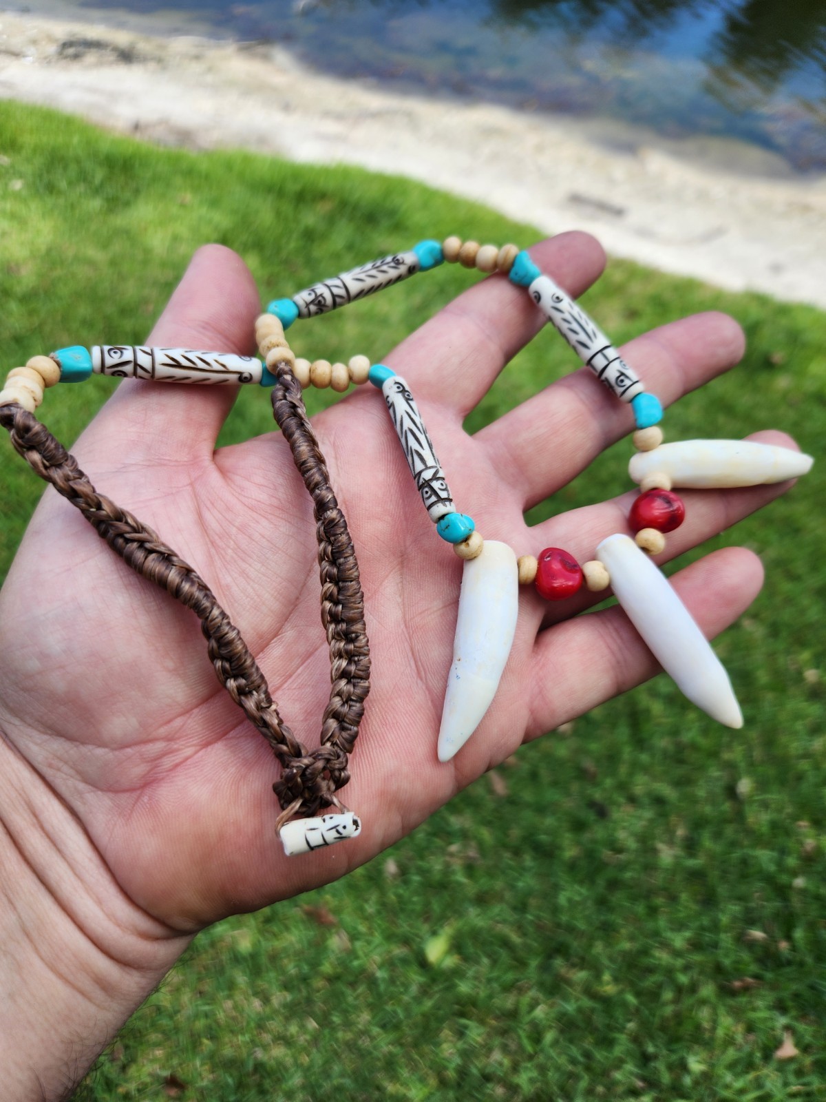 Warrior Shaman style three teeth real Alligator tooth bones turquoise coral