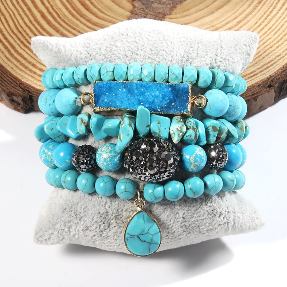 5Pcs Boho Natural Stone Beaded Stretch Bracelet Set Turquoise Crystal Jewelry