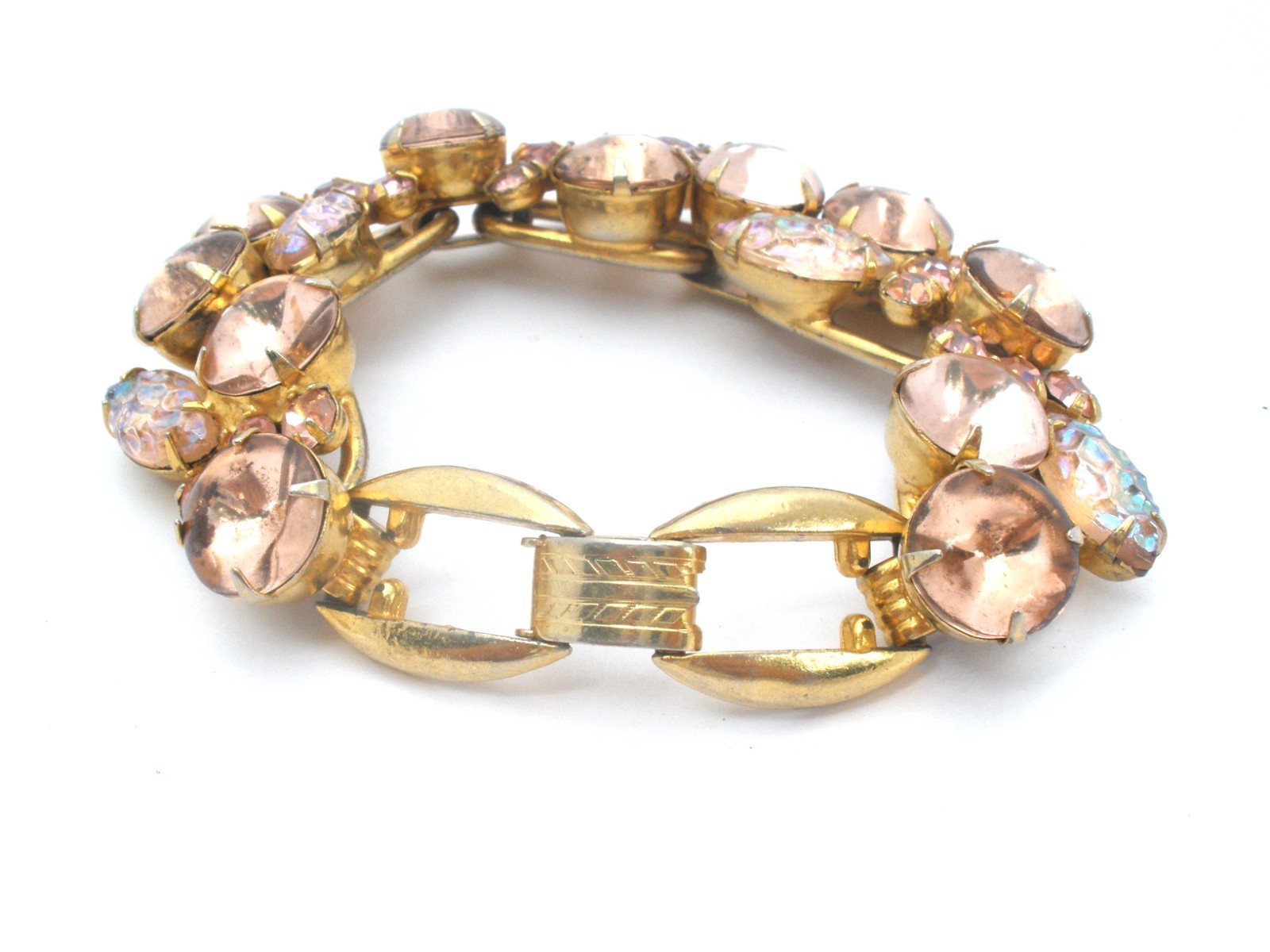Vintage D & E For Juliana Bracelet Pink Rhinestones 5 Link 7.5″ Long Gold Tone