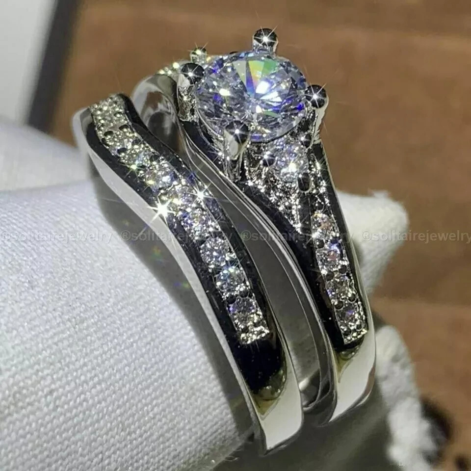 2.50Ct Round Cut Moissanite Bridal Set Engagement Ring 14k White Gold Plated