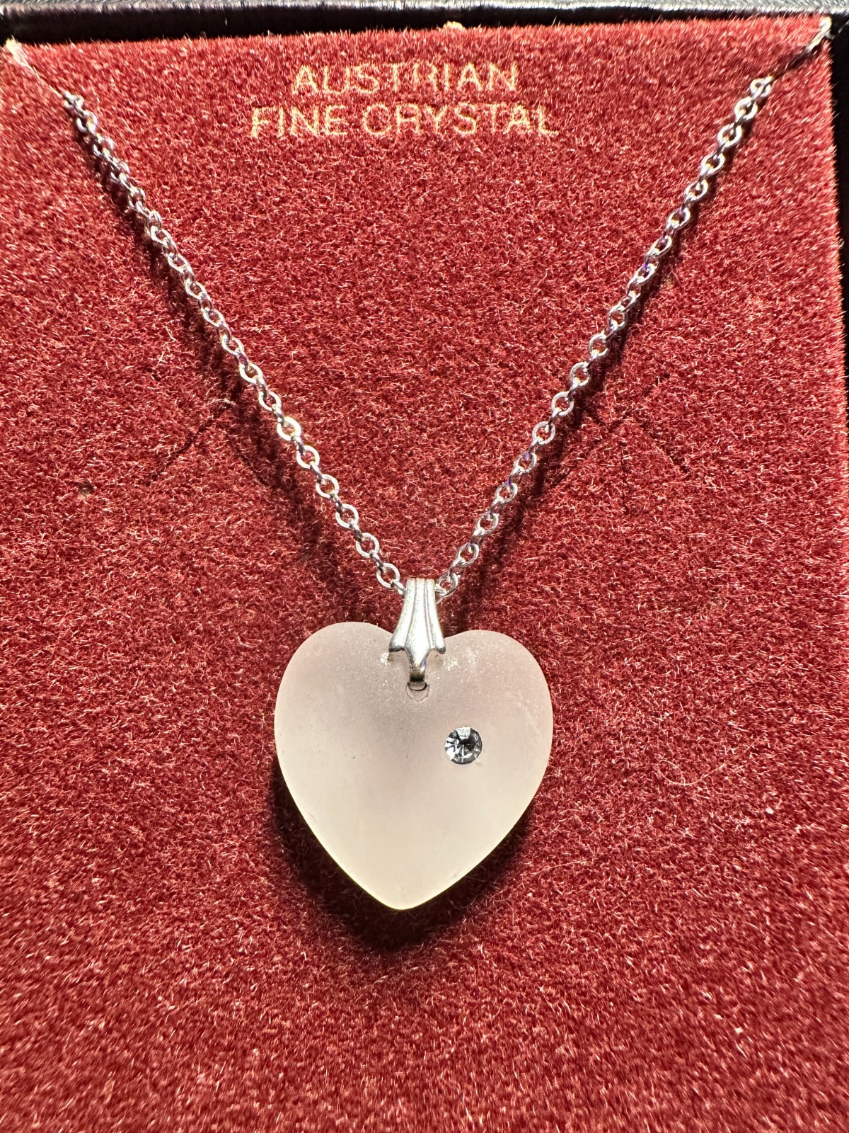 Austrian Fine Crystal Frosted Glass Heart Pendant Necklace Silver Tone