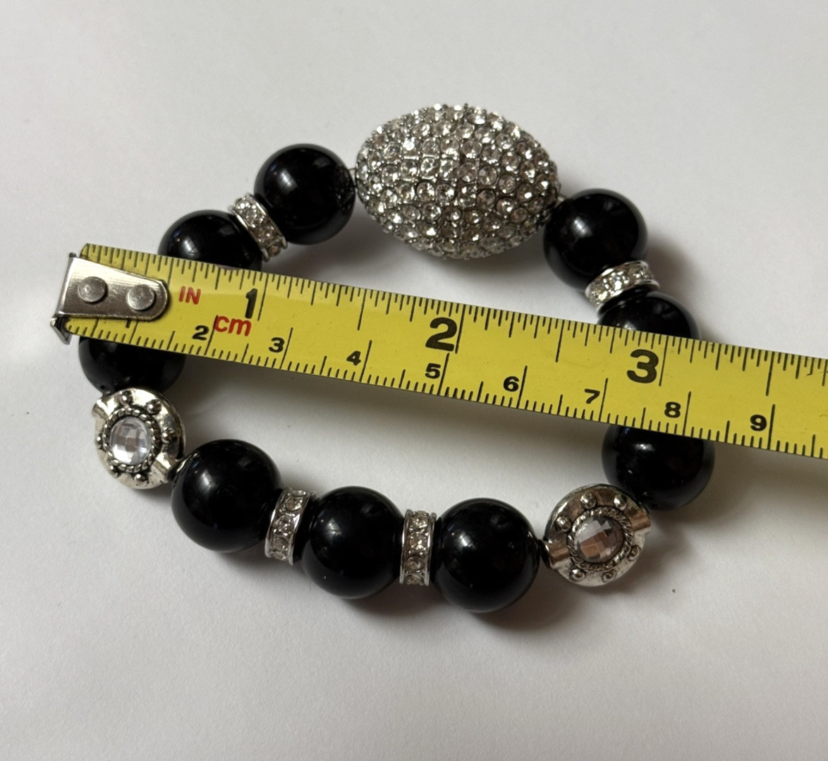 Black Agate & Pave Set Crystals Stretch Bracelet 7.5″ Silver Plated Spacer Beads