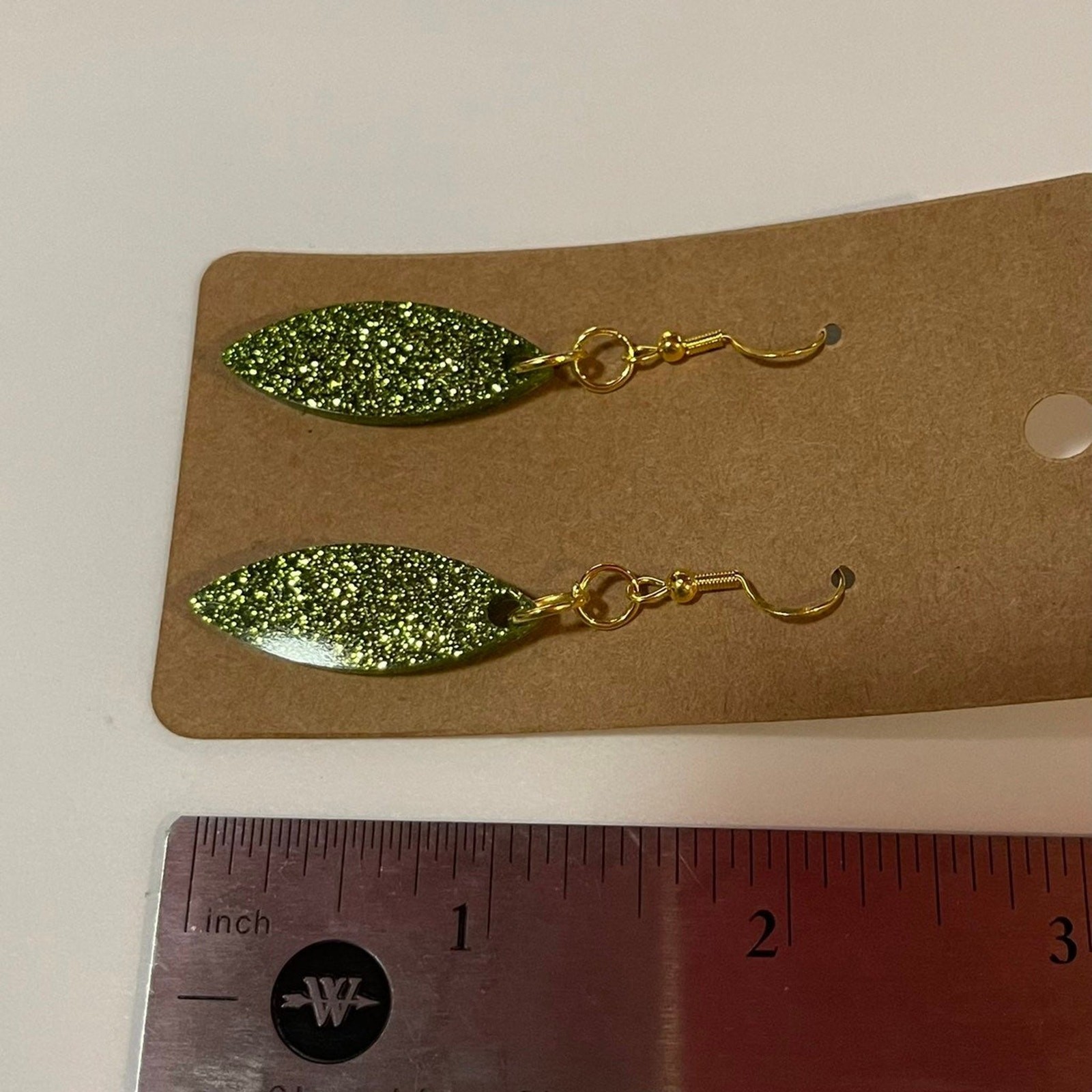 Handmade epoxy resin pointed oval shape earrings – lime green glitter