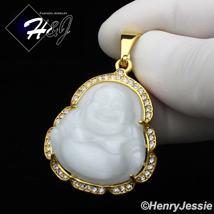 MEN WOMEN Stainless Steel White Rhinestone Gold Plated Buddha Pendant*GP124