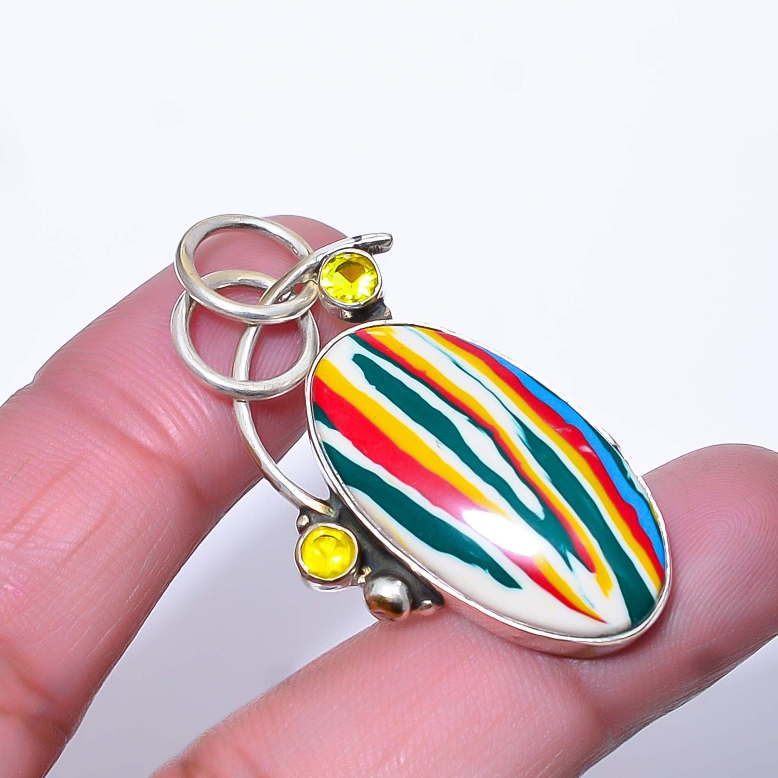 Rainbow Calsilica & Citrine 925 Sterling Silver Pendant 1.68″ A330 Gift for her