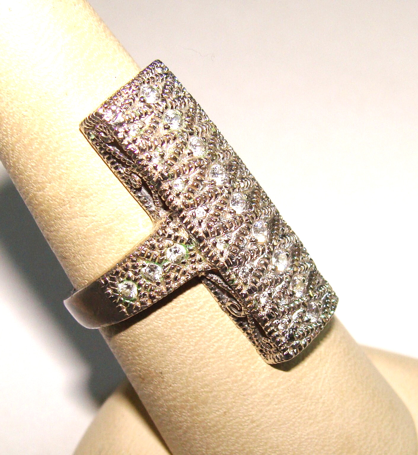 Designer Deco STYLE 5.5g Sterling Silver Multi CZ Textured Elongated Ring 7.25