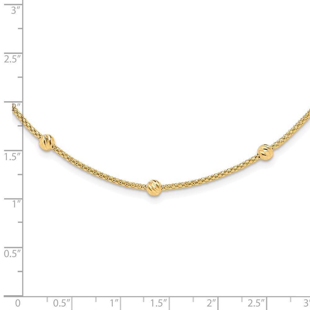 14K Yellow Gold Polished Diamond-cut Beads and Mesh Chain Necklace 17″