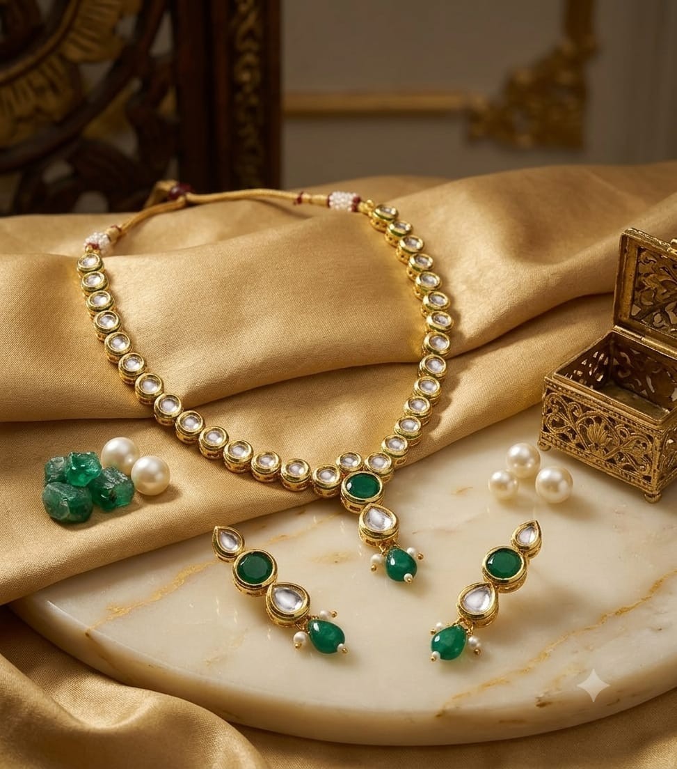 Green Kundan Necklace Set Gold Plated Bridal Wedding Jewelry Earrings for Women