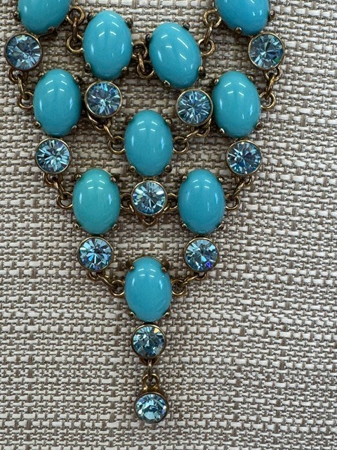 Blue Cabochon & Rhinestone Bib Statement Necklace Gold Tone Adjustable