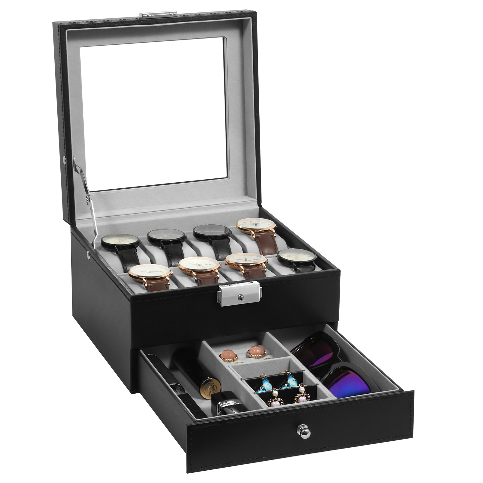 8 Slot PU Leather Watch Box Glass Top Organizer Jewelry Display Case New