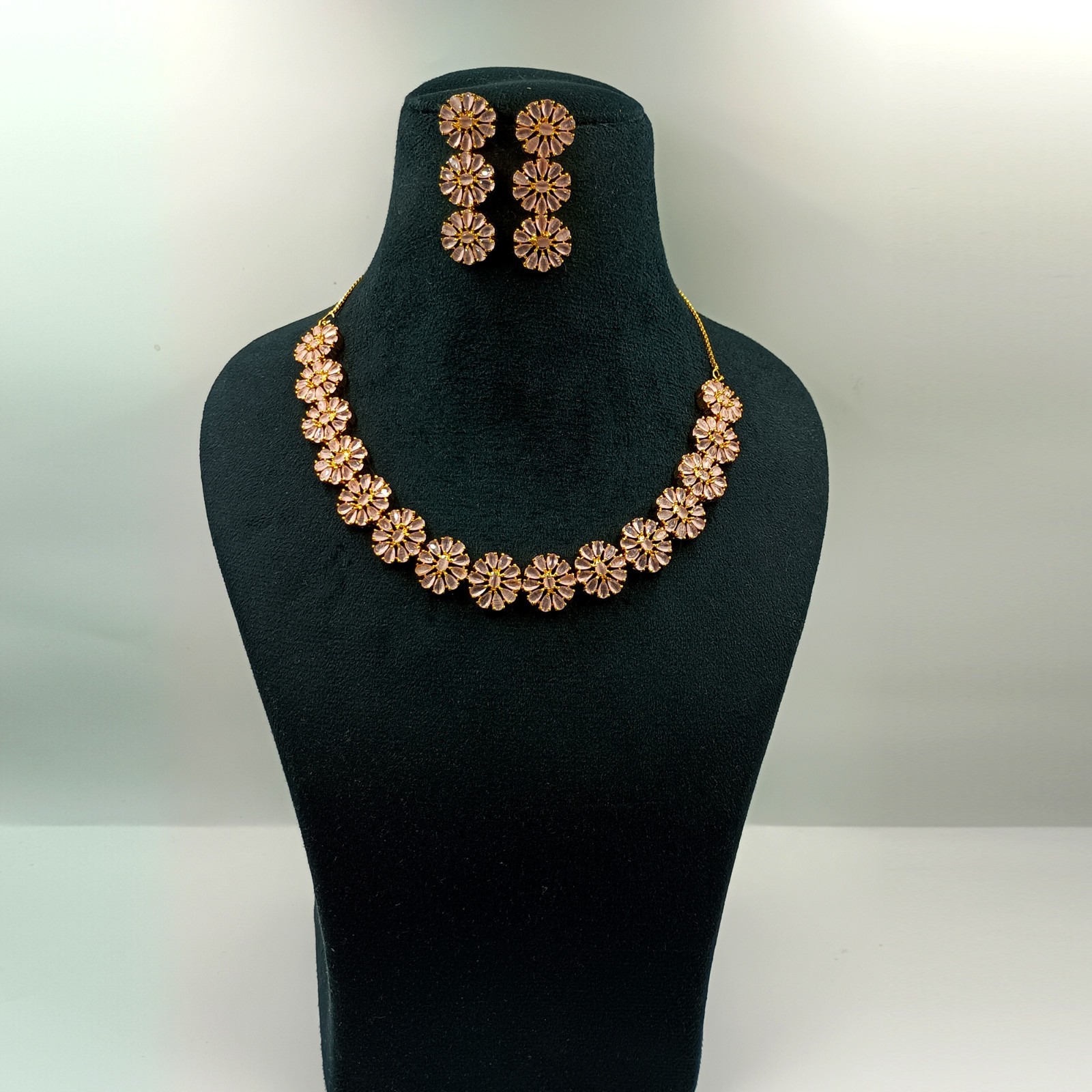 Pink Chalcedony Necklace Set 22k Gold Plated Designer Statement Jewelry