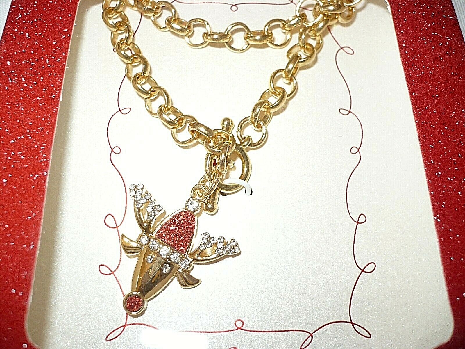 Holiday Time Women’s Fashion Jewelry Gold Tone Bracelet Reindeer Rhinestones NEW