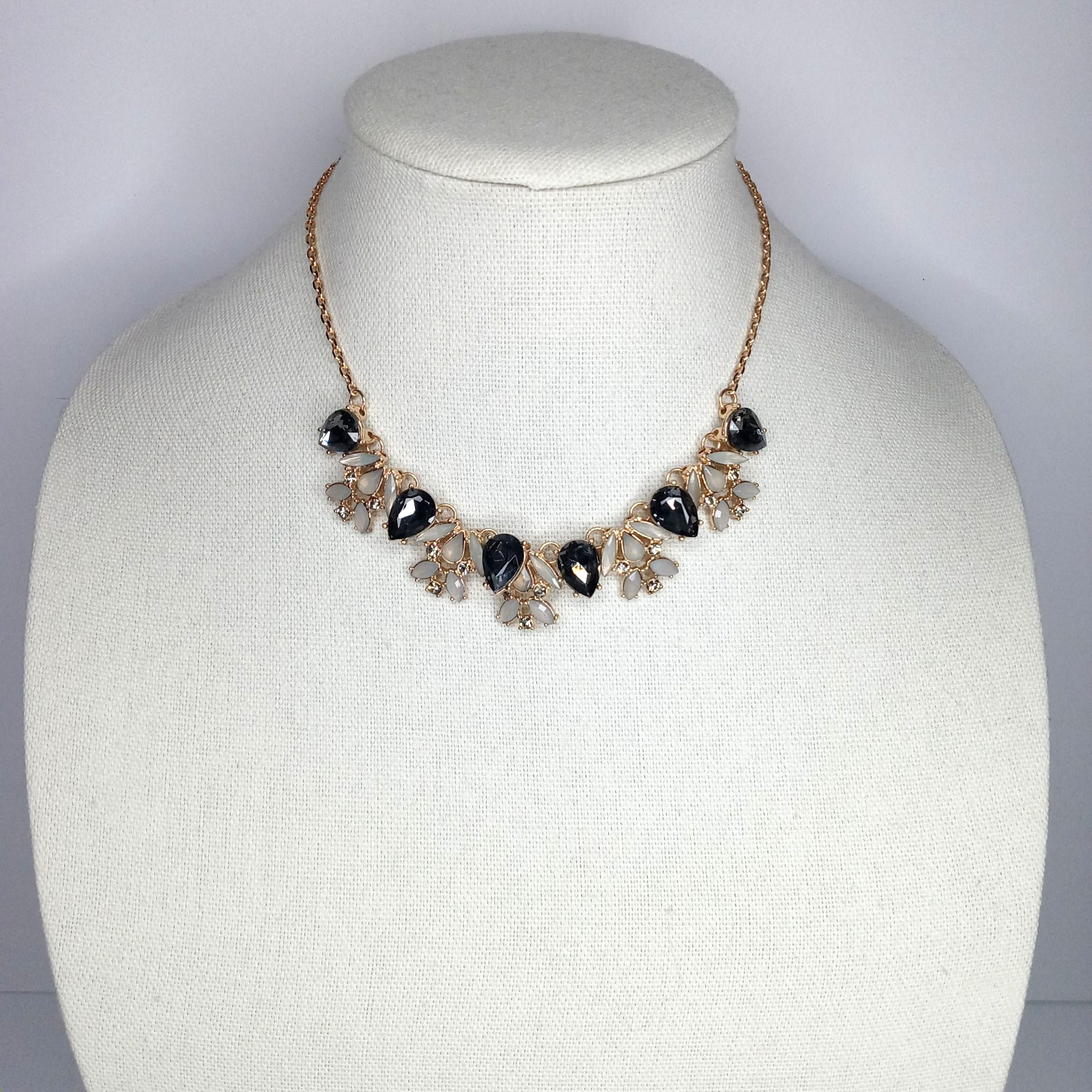 Statement Necklace Gold Tone Smoky Black& Clear Rhinetones Vintage-Inspired Glam