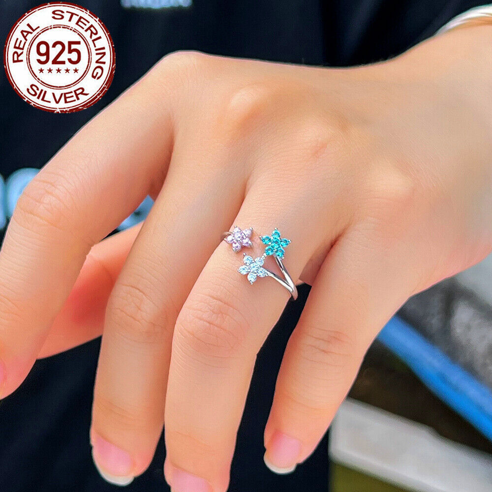 Flower Open Cuff Ring Adjustable Cubic Zircon Polished 925 Sterling Silver Gift