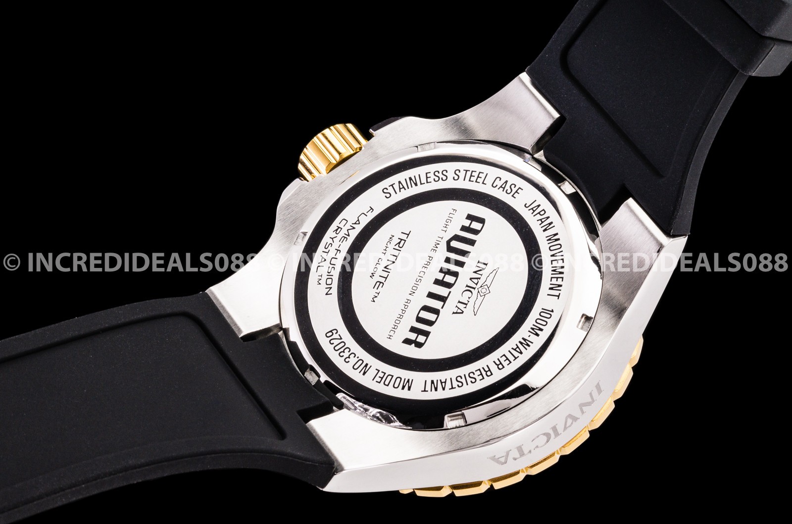 Invicta Men AVIATOR Silver 18 Gold Bezel Black Dial Strap Multi Function Watch
