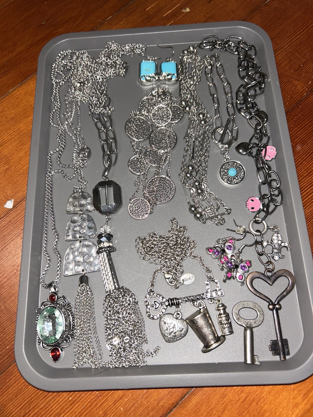 Silver Tone Jewelry Gift Lot w/ Wooden Trinket Box