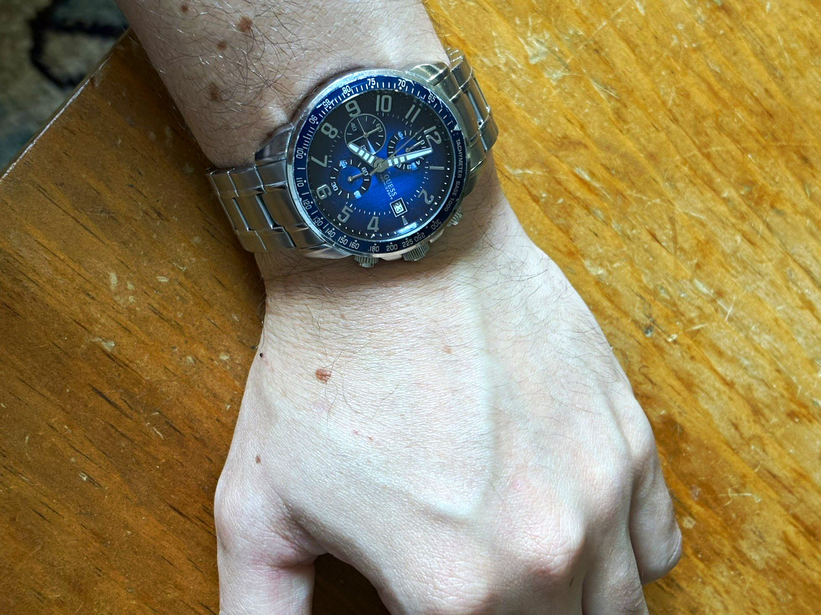 GUESS Mens Blue Dial Quartz Chronograph Tachymeter Date SS Bracelet 100m