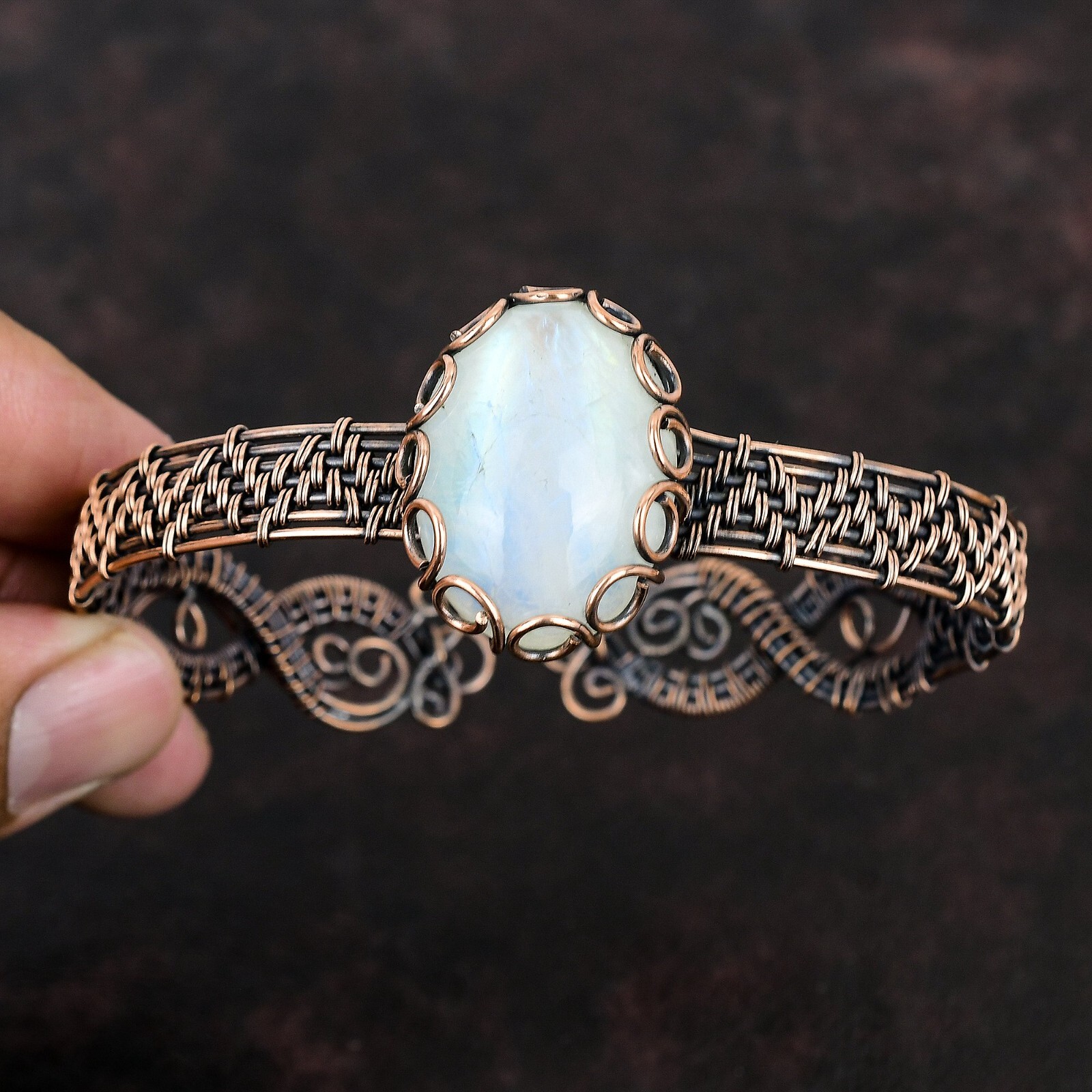 Rainbow Moonstone Wire Wrapped Adjustable Bangle Handcrafted Copper Gift