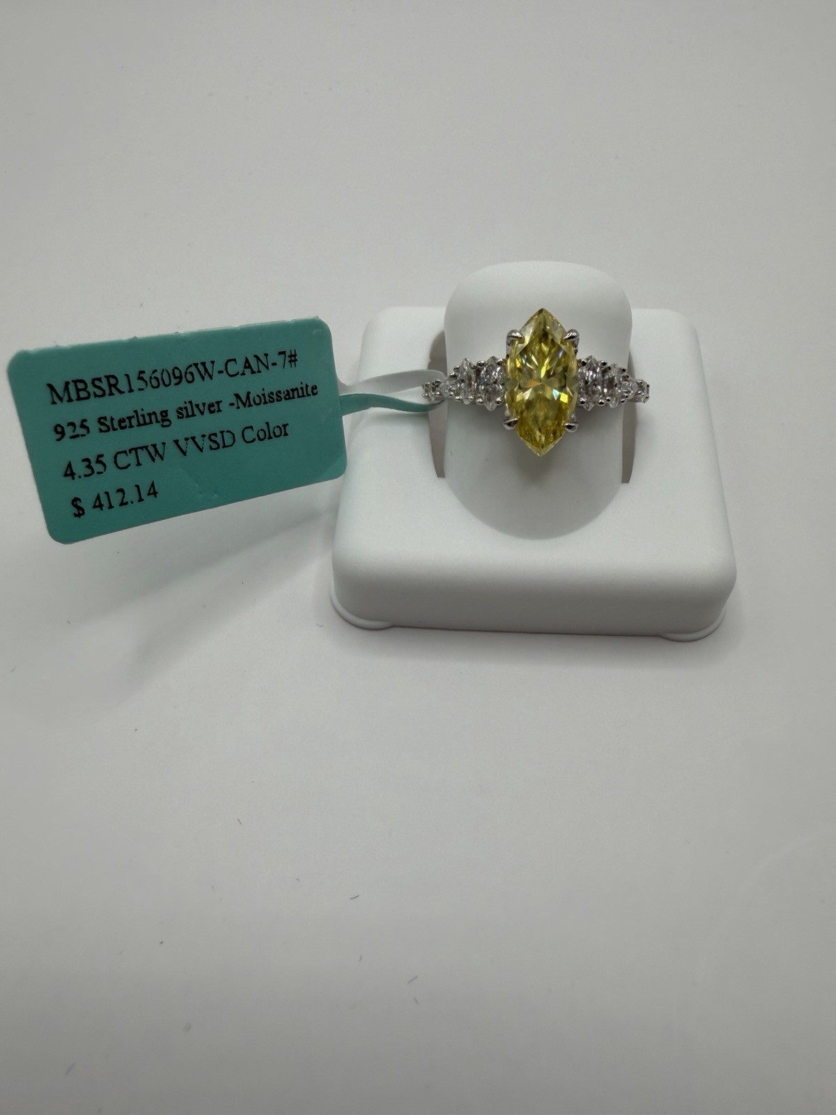 Stamped 925 Sterling Silver Yellow Marquise Moissanite Prong Ring Size 7