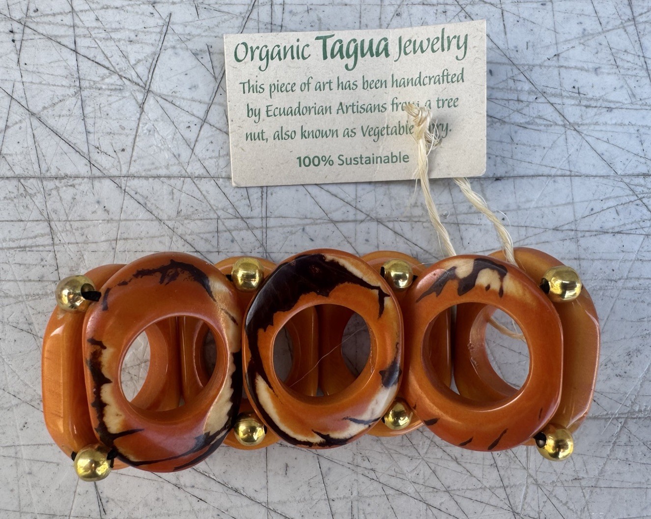 Organic Tagua Nut, Acai Seeds Bracelet Orange & Brown Handmade Ecuador Jewelry
