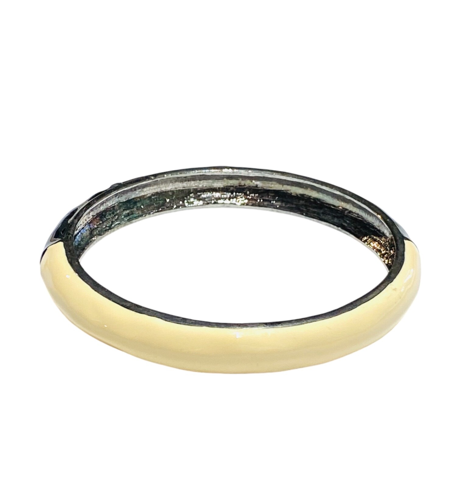Vintage Black & Cream White Enamel Silver Tone Bangle Hinged Bracelet Clamper
