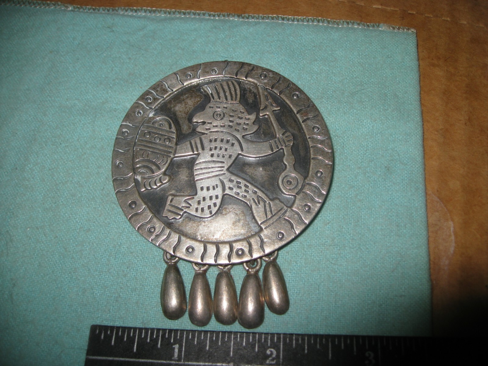 Large Aztec Eagle Warrior With Spear & Shield Pendant With Dangles