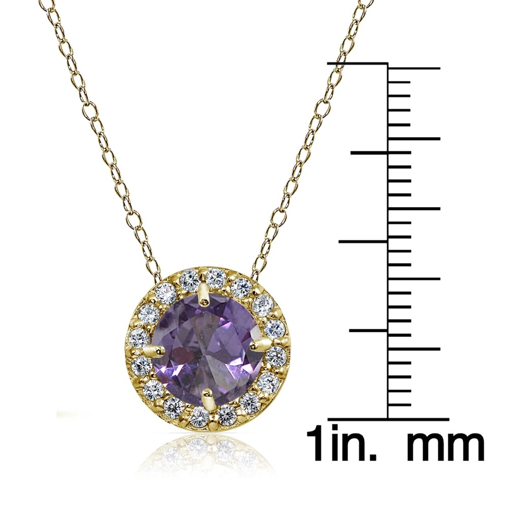 Yellow Gold Flash Sterling Silver Simulated Alexandrite & CZ Round Halo Necklace