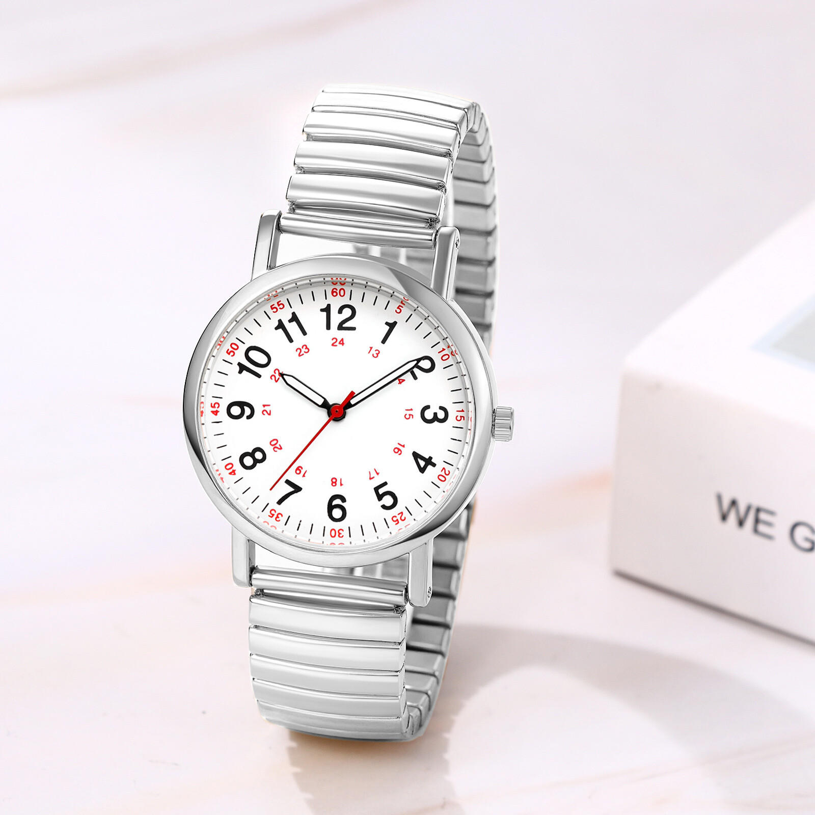 Women’s 12H/24H Big Dial Easy Reader Elastic Band Analog Quartz Cuff Wrist Watch