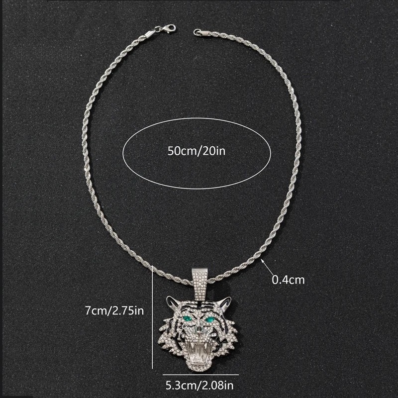 Iced Out Tiger Head Pendant Chain Silver Cuban Link Hip Hop Necklace BlingJewelr