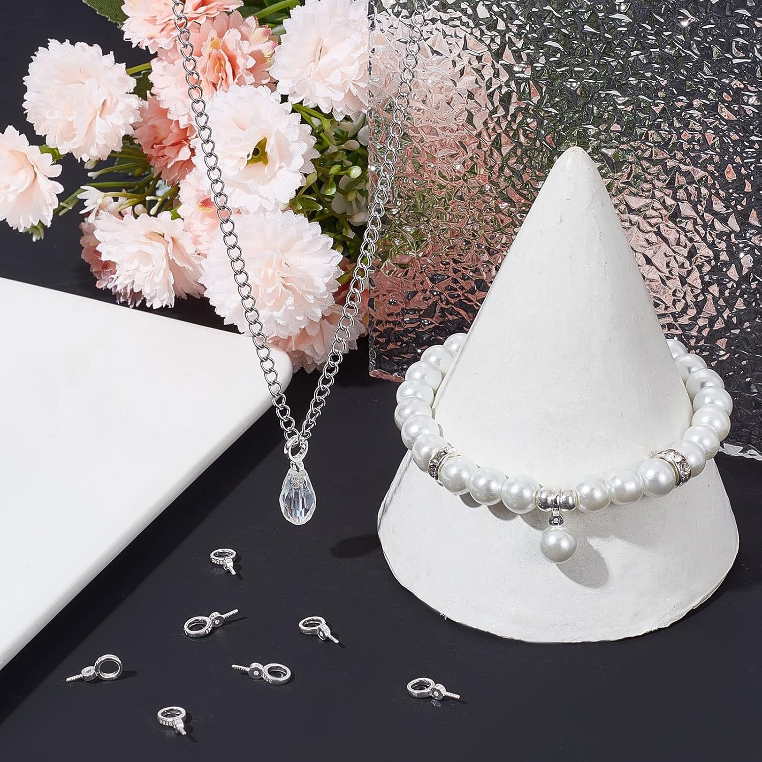 1 Box 10Pcs 925 Sterling Silver Eye Pin Peg Bail with 6mm Pearl Cup Bail Charm
