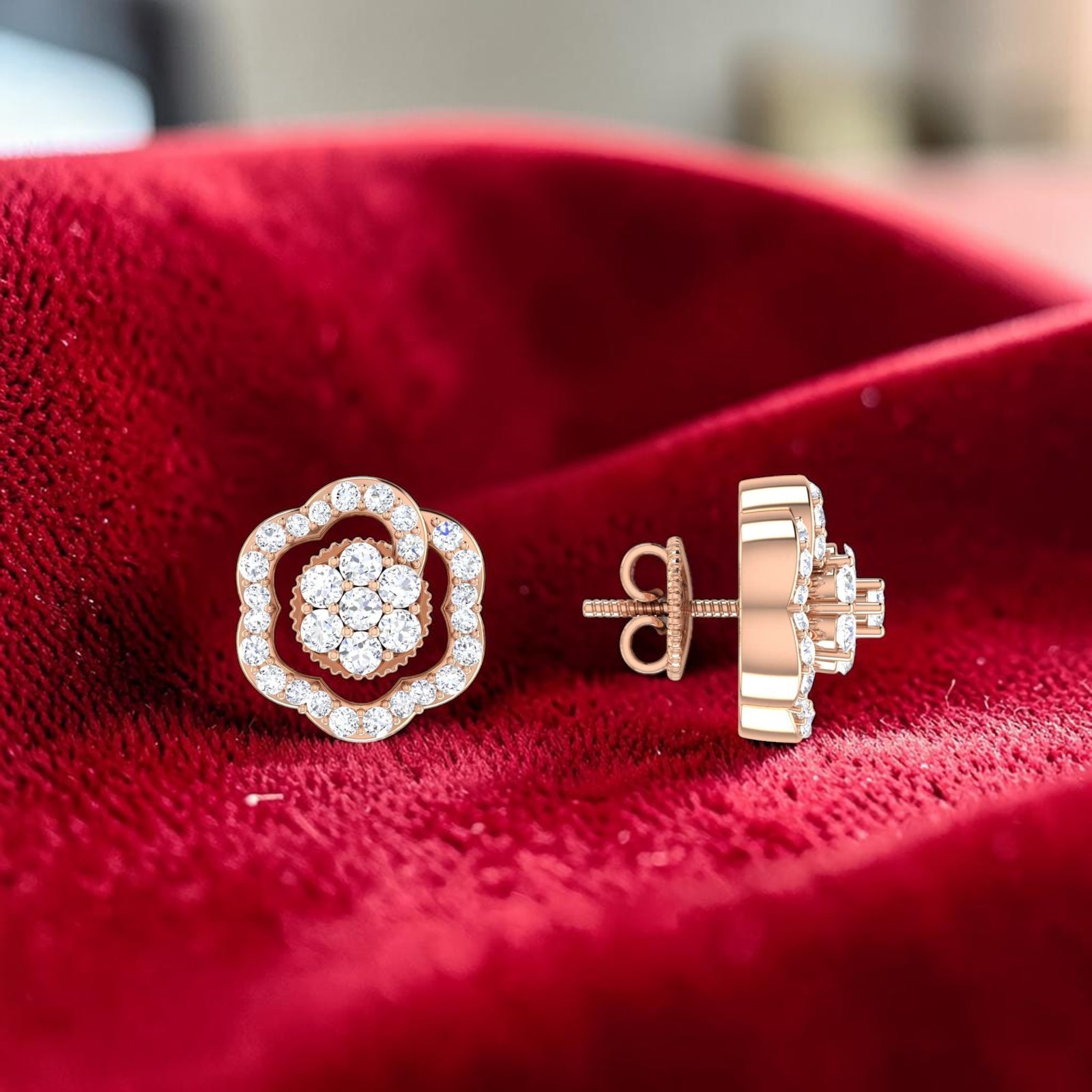 Pave 1.24 Cts Round Brilliant F/VS1 Diamonds Stud Earrings In Fine 14K Rose Gold