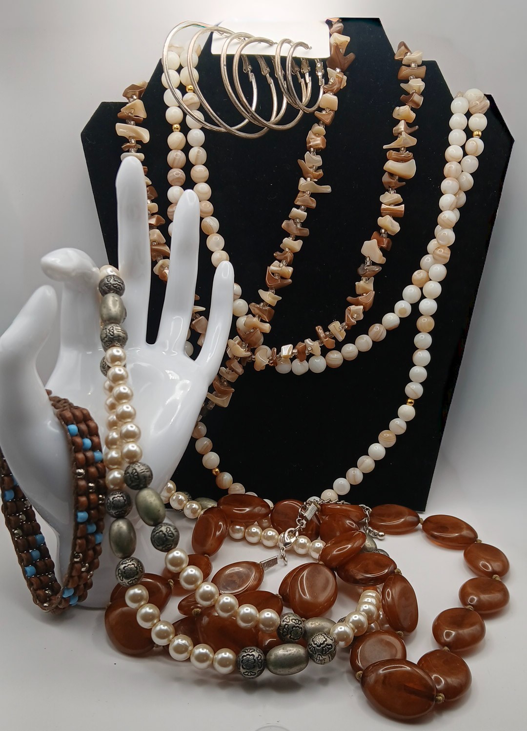 6 Pc Costume Jewelry Lot Necklaces Bracelets Earrings Brown Neutral Boho