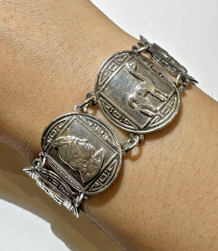Vintage JFG Aztec Incan Etched Wide Link 7″ Silver 925 Peru 27.5g Bracelet DA5