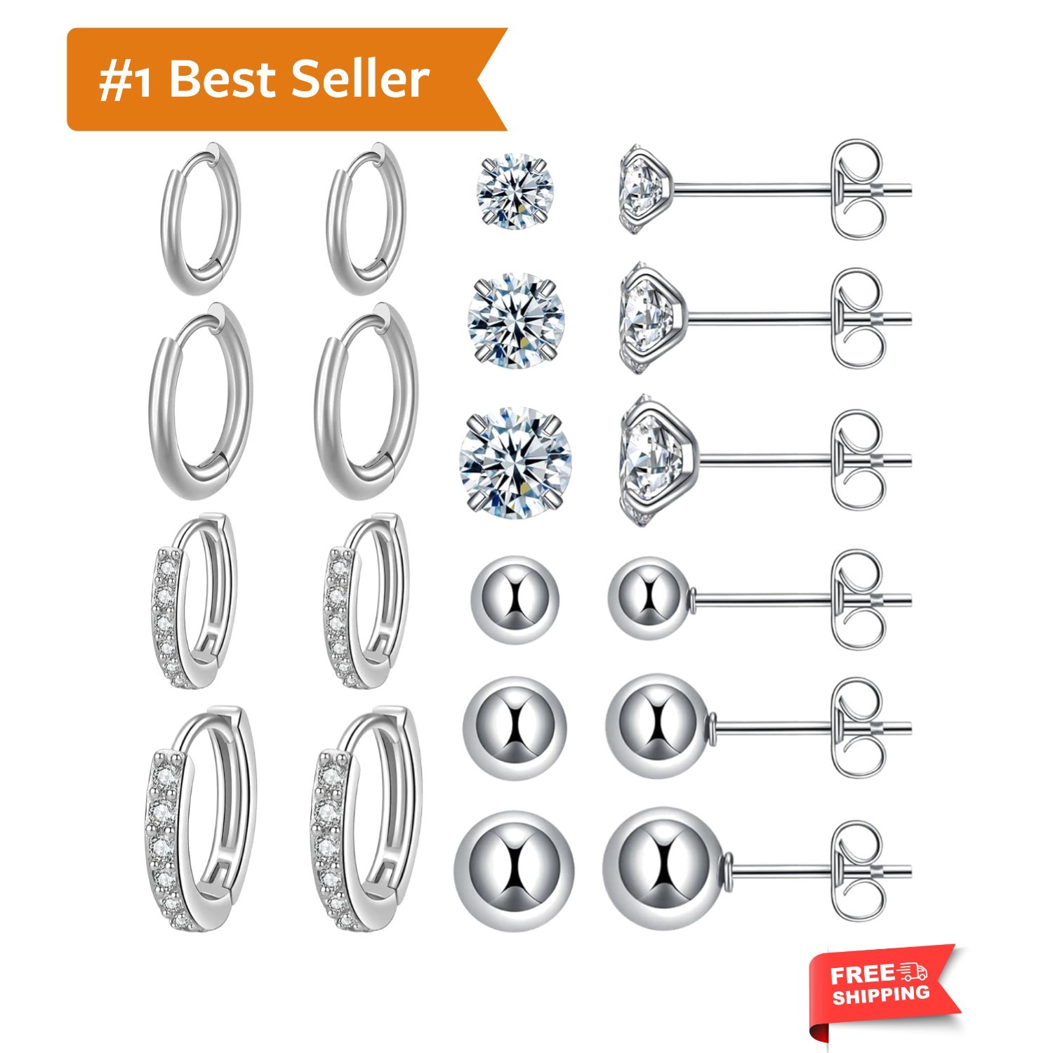 Stylish Surgical Steel Earrings Set: 10 Pairs Lightweight Huggie and Stud Styles