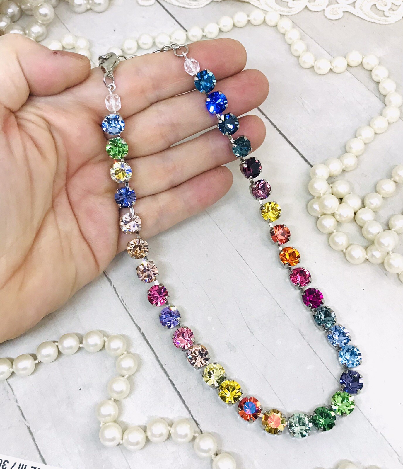 Silver Plated 33 Stone Colorful Rainbow Cup Chain Crystal Necklace