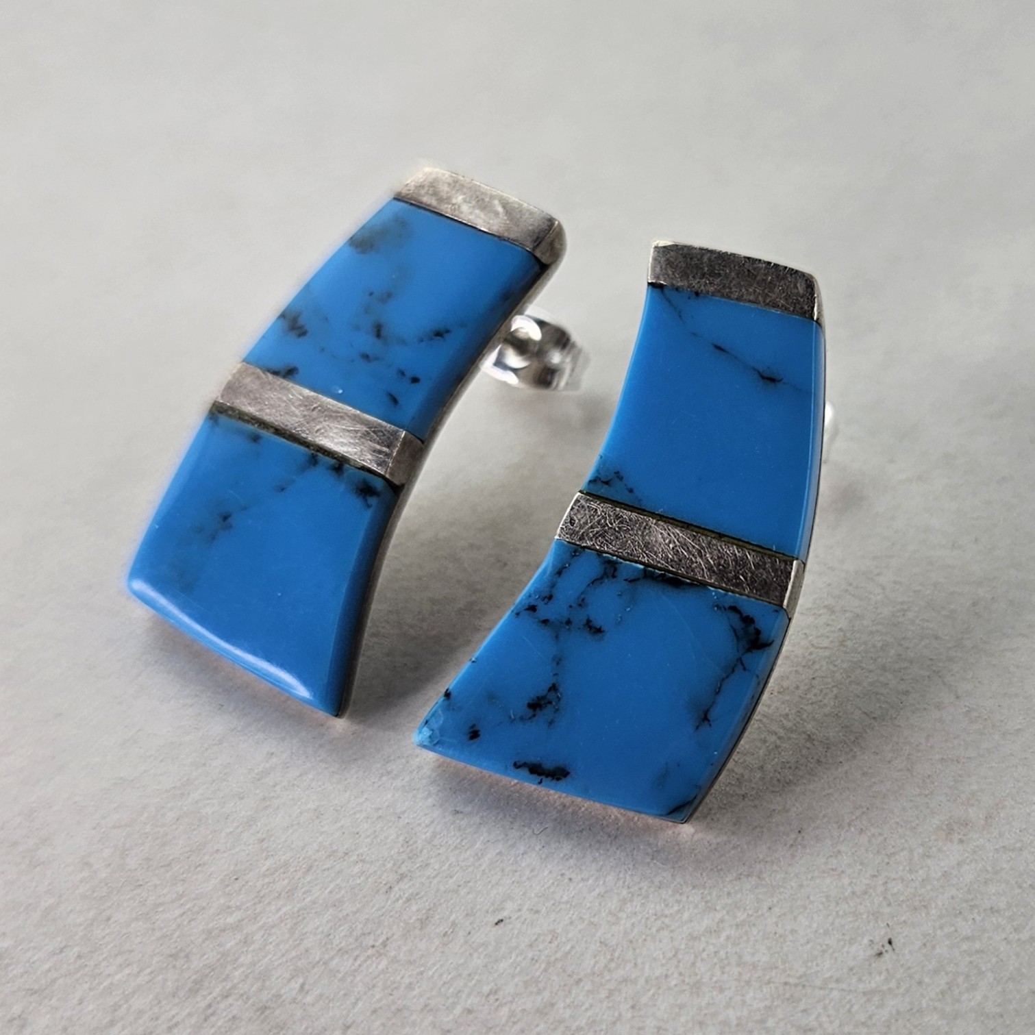 Sterling Silver Earrings Mexican Taxco Turquoise Dangle TR-110 13.0g [9016]